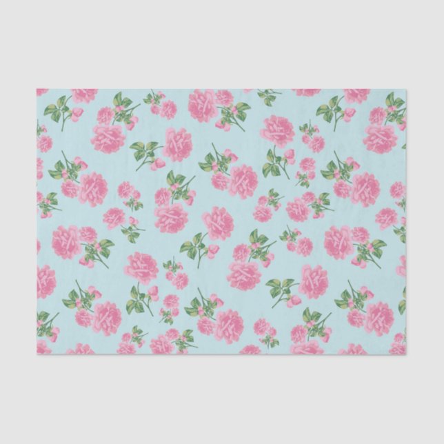 Pink Roses Flower pattern on Mint Tissue Paper (Front)