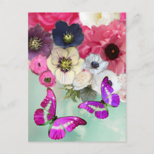 PINK ROSES, FLOWERS AND BUTTERFLIES ,Floral Easter Postcard