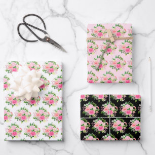 Pink Roses Flowers and Greenery Wrapping Paper Sheet