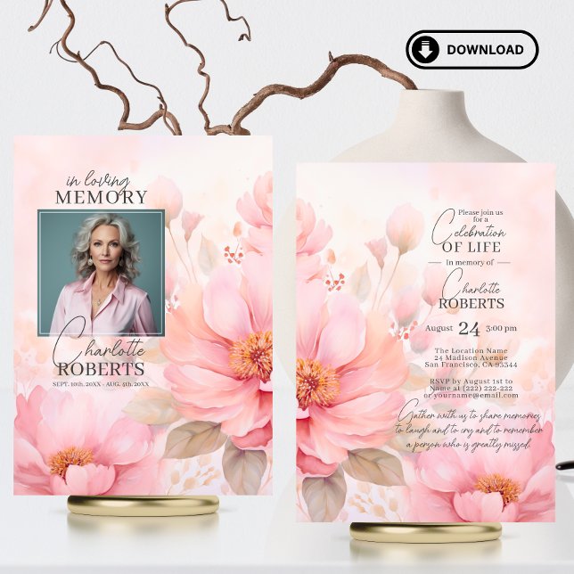 Pink Roses Flowers Celebration of Life | PHOTO Invitation (Pink Roses Flowers Celebration of Life  PHOTO Invitation | Feminine, Woman | Digital Downloadable)