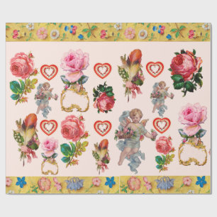 PINK ROSES,FLOWERS,FEATHERS,ANGELS AND HEARTS WRAPPING PAPER