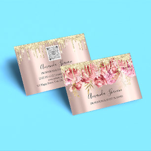 Pink Roses Flowers Golden Drip QR CODE Logo Business Card