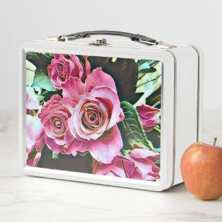 PINK ROSES FLOWERS METAL LUNCH BOX