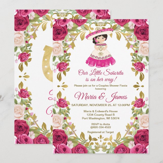 Pink roses Flowers Mexican Fiesta Couples shower  Invitation (Front/Back)