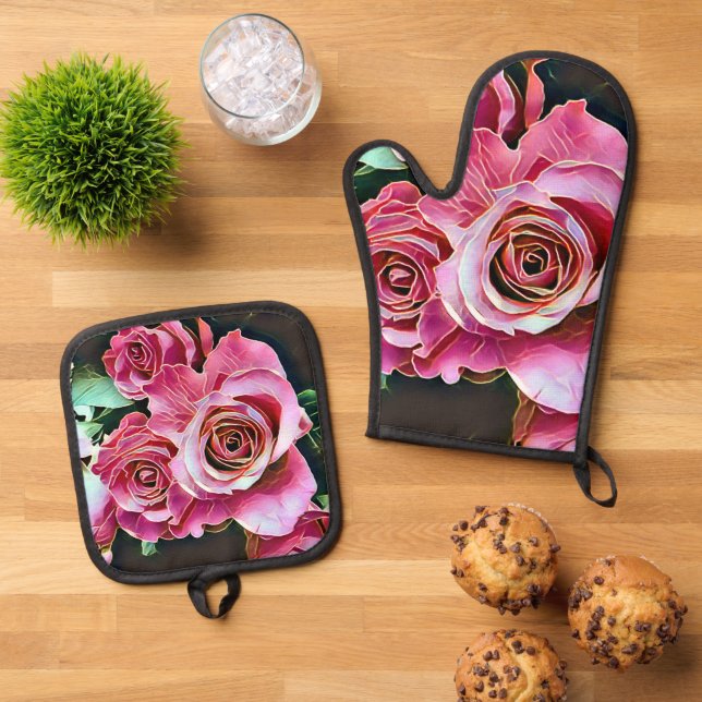 PINK ROSES FLOWERS OVEN MITT & POT HOLDER SET (Top Down)