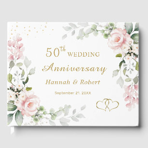 Pink Roses Foliage 50th Wedding Anniversary Guest Book