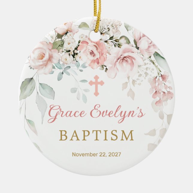 Pink Roses Foliage Cross Baptism Photo Ornament (Front)