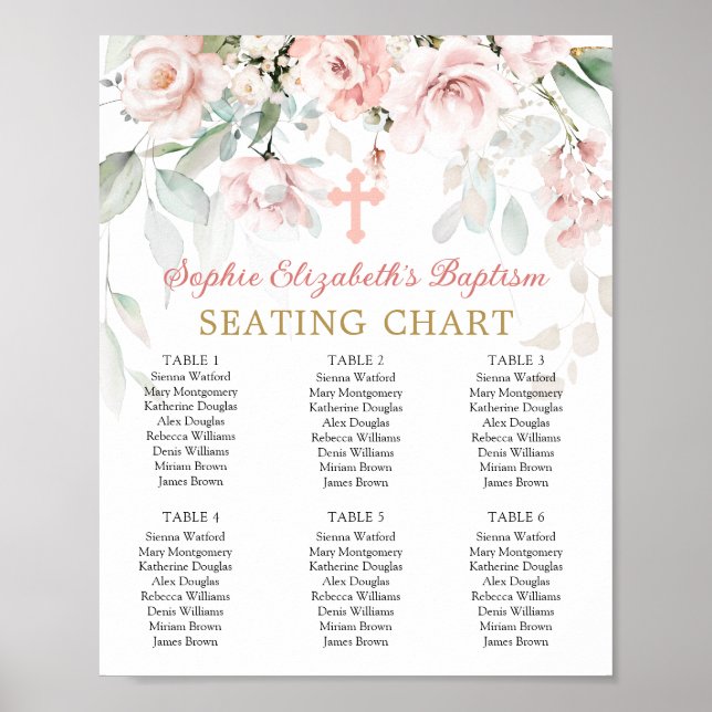 Pink Roses Foliage Cross Baptism Seating Chart (Front)