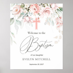 Pink Roses Foliage Cross Baptism Welcome Sign