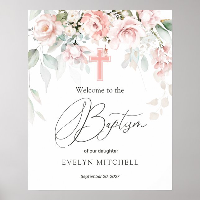 Pink Roses Foliage Cross Baptism Welcome Sign (Front)