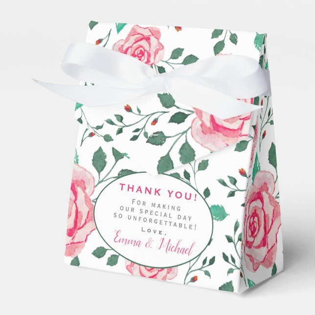 Pink Roses & Foliage Pattern  Thank You Wedding Favour Box (Front Side)
