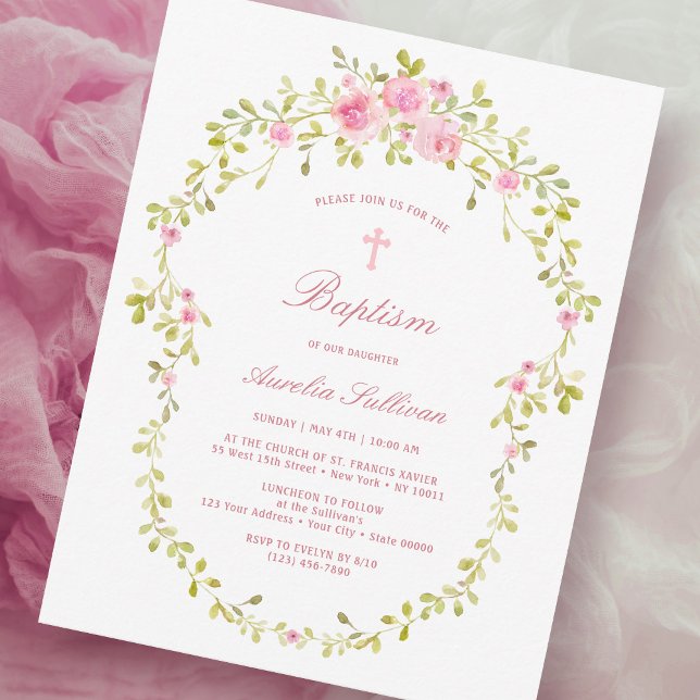 Pink Roses Frame Baptism Invitation (Creator Uploaded)