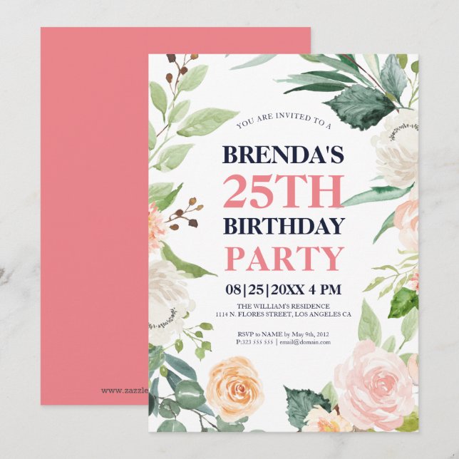 Pink roses frame birthday invite (Front/Back)