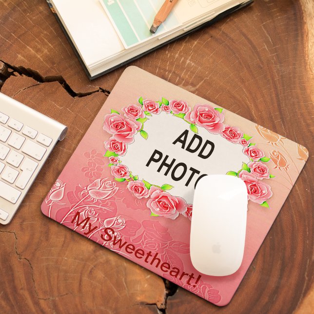 Pink Roses Frame Valentine Add Your Photo Mouse Mat (Pink Roses Frame Valentine Add Your Photo Mouse Pad)