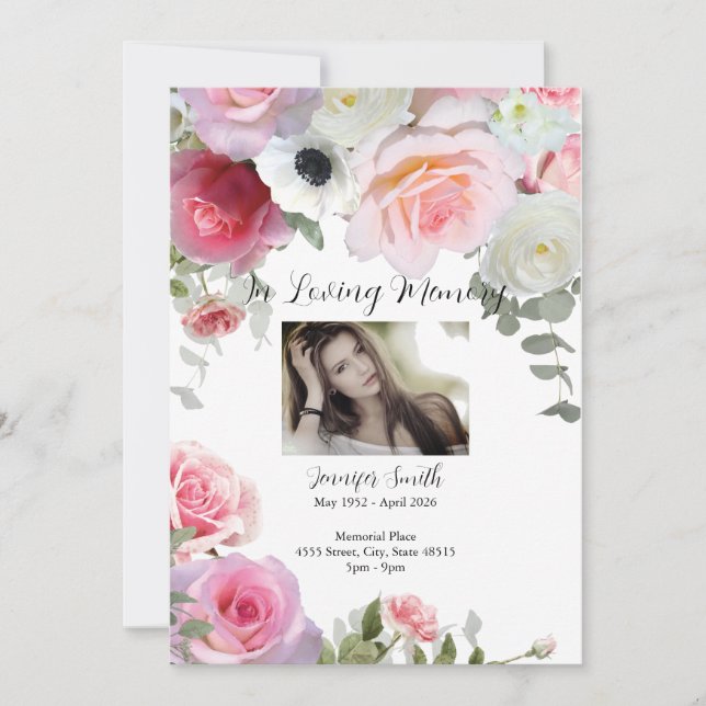 Pink Roses Funeral Announcement/Invitation Invitation (Front)