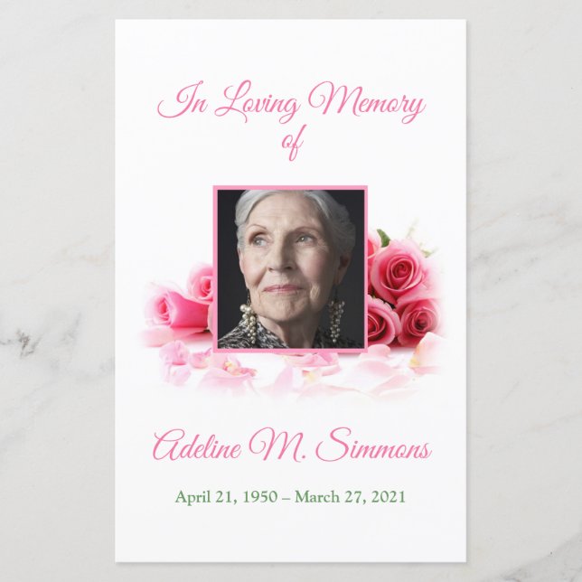 Pink Roses Funeral Memorial Card | 5.5 x 8.5" (Front)