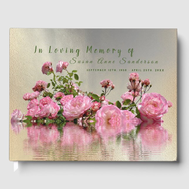 Pink Roses Funeral Memorial Guest Book (Front)