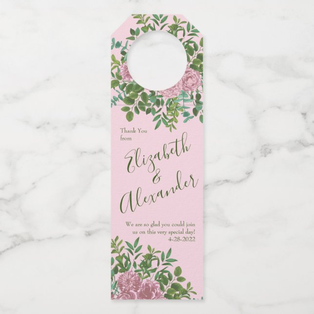 Pink Roses Garden Spring Wedding Bottle Tag (Front)
