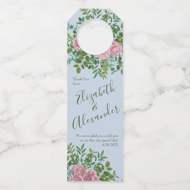 Pink Roses Garden Spring Wedding Bottle Tag (Front)