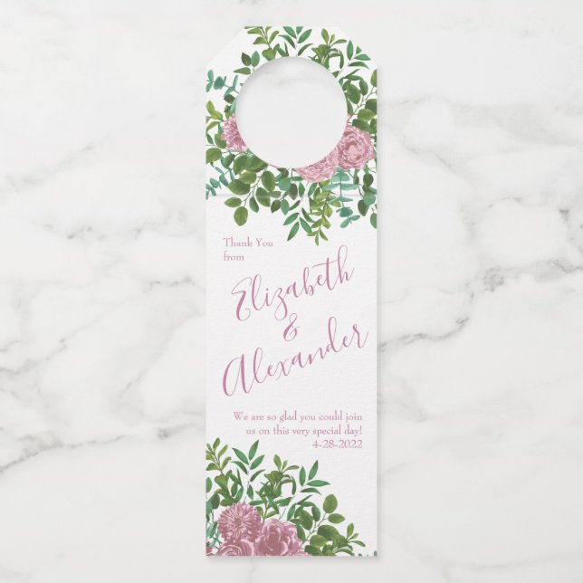 Pink Roses Garden Spring Wedding Bottle Tag (Front)
