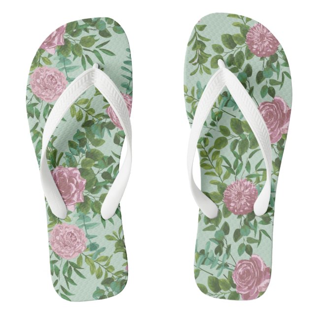 Pink Roses Garden Spring Wedding Flip Flops (Footbed)