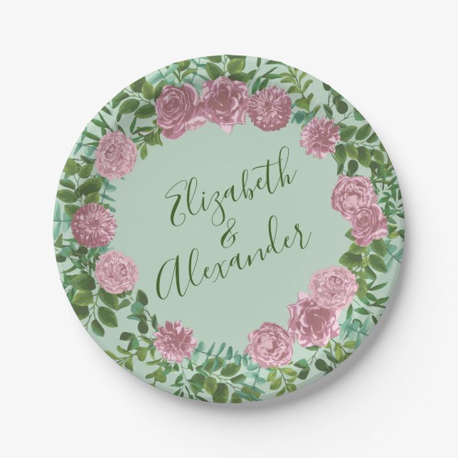 Pink Roses Garden Spring Wedding Paper Plate (Front)