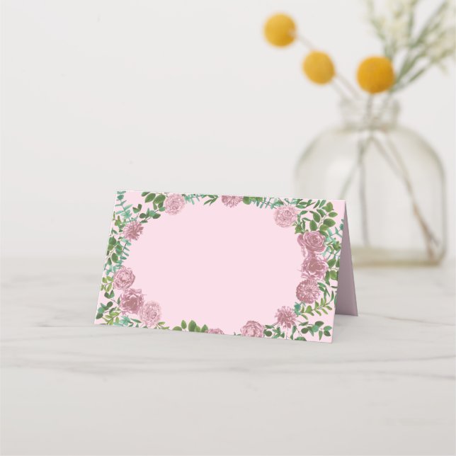 Pink Roses Garden Spring Wedding Place Card (Front)