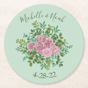 Pink Roses Garden Spring Wedding Round Paper Coaster