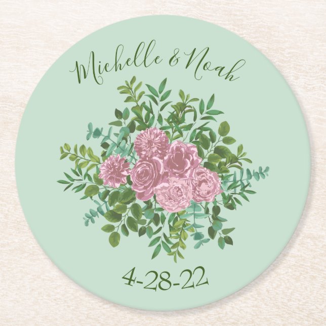 Pink Roses Garden Spring Wedding Round Paper Coaster (Front)
