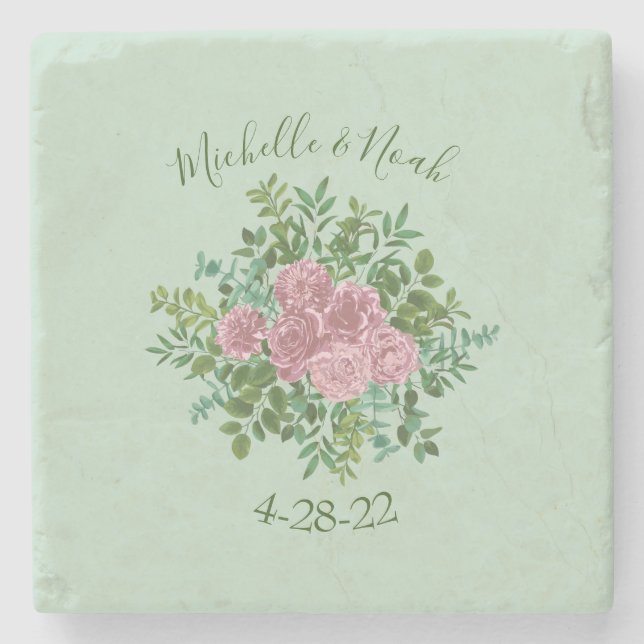 Pink Roses Garden Spring Wedding Stone Coaster (Front)