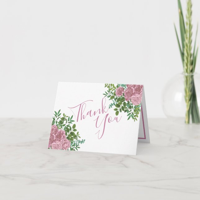 Pink Roses Garden Spring Wedding Thank You Card (Front)