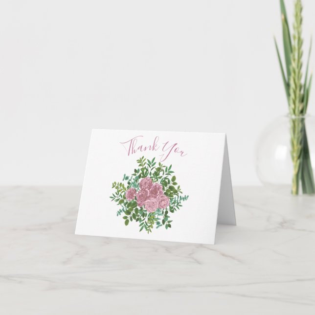 Pink Roses Garden Spring Wedding Thank You Card (Front)