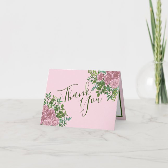 Pink Roses Garden Spring Wedding Thank You Card (Front)