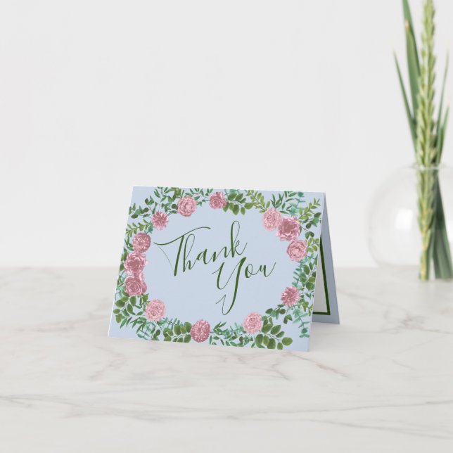 Pink Roses Garden Spring Wedding Thank You Card (Front)