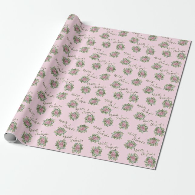 Pink Roses Garden Spring Wedding Wrapping Paper (Unrolled)