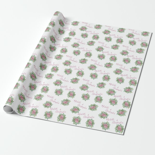 Pink Roses Garden Spring Wedding Wrapping Paper (Unrolled)