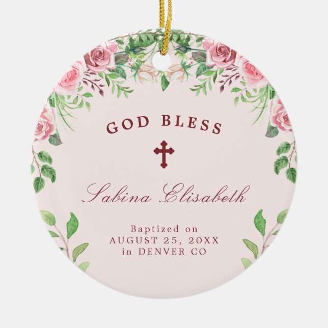 Pink roses girl baptism photo personalised ceramic tree decoration (Front)