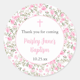 Pink Roses Girl baptism thank you sticker