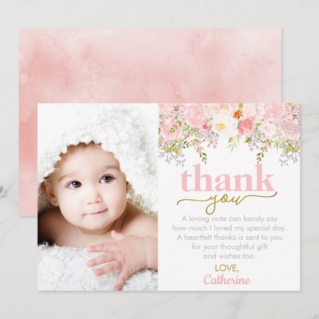 Pink Roses Girl Birthday Photo Thank You Card (Front/Back)