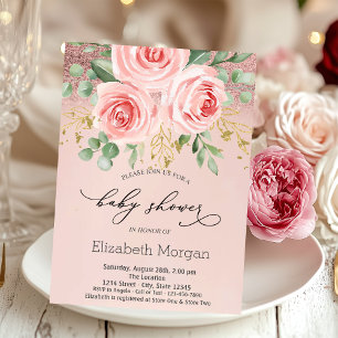 Pink Roses,Glitter Bokeh Baby Shower  Invitation