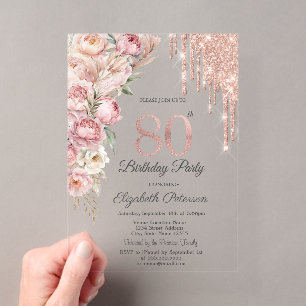 Pink Roses Glitter Drips Gold 80th Birthday Acrylic Invitations
