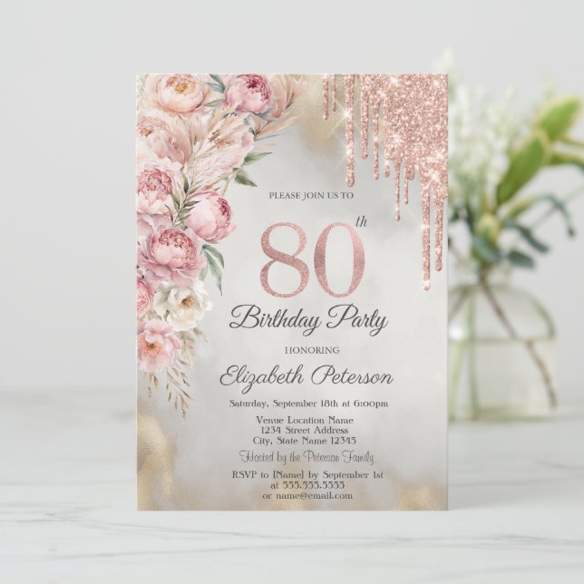 Pink Roses Glitter Drips Gold 80th Birthday   Invitation (Standing Front)