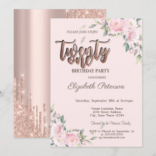 Pink Roses Glitter Drips Rose Gold 21st Birthday  Invitation