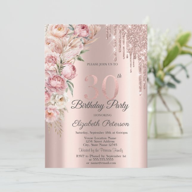 Pink Roses Glitter Drips Rose Gold 30th Birthday   Invitation (Standing Front)