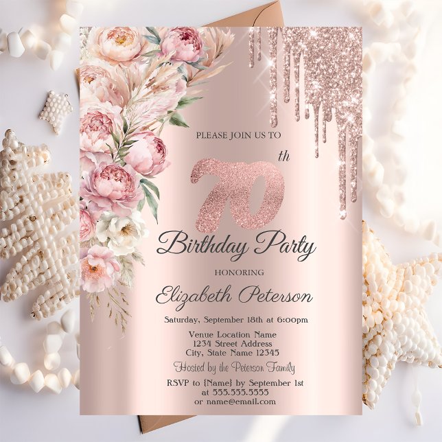 Pink Roses Glitter Drips Rose Gold 70th Birthday   Invitation (Creator Uploaded)