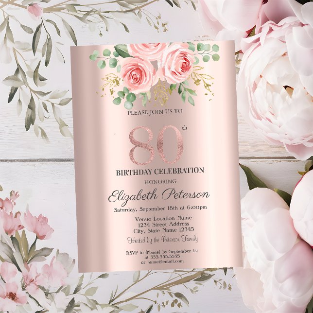 Pink Roses Glitter Drips Rose Gold 80th Birthday Invitation (Creator Uploaded)