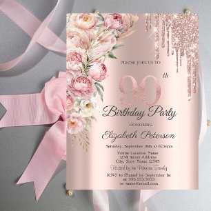 Pink Roses Glitter Drips Rose Gold 90th Birthday Invitation