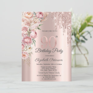 Pink Roses Glitter Drips Rose Gold 90th Birthday Invitation