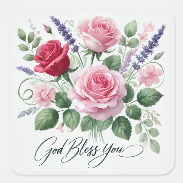 Pink Roses God Bless You Religious Square Sticker (Front)