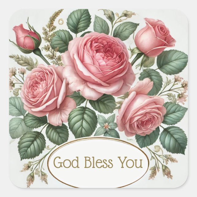 Pink Roses God Bless You Religious Square Sticker (Front)